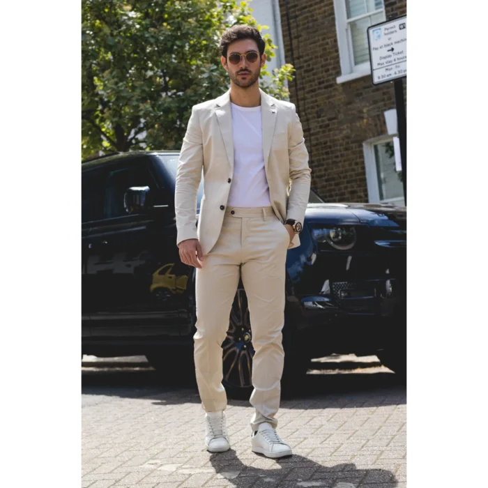 Mens 2 Piece Summer Suit Beige Office Wedding Smart Casual Classic Italian Tailored Fit - Image 2