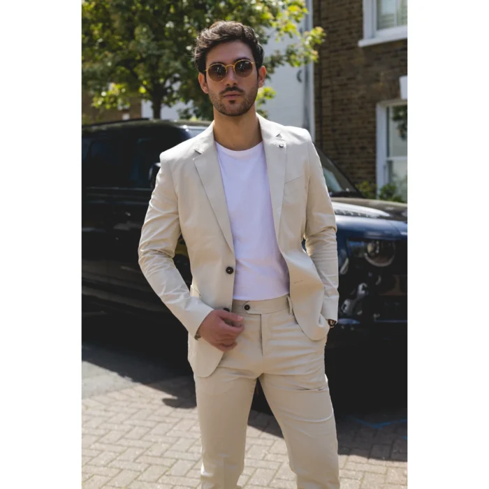 Mens 2 Piece Summer Suit Beige Office Wedding Smart Casual Classic Italian Tailored Fit - Image 1