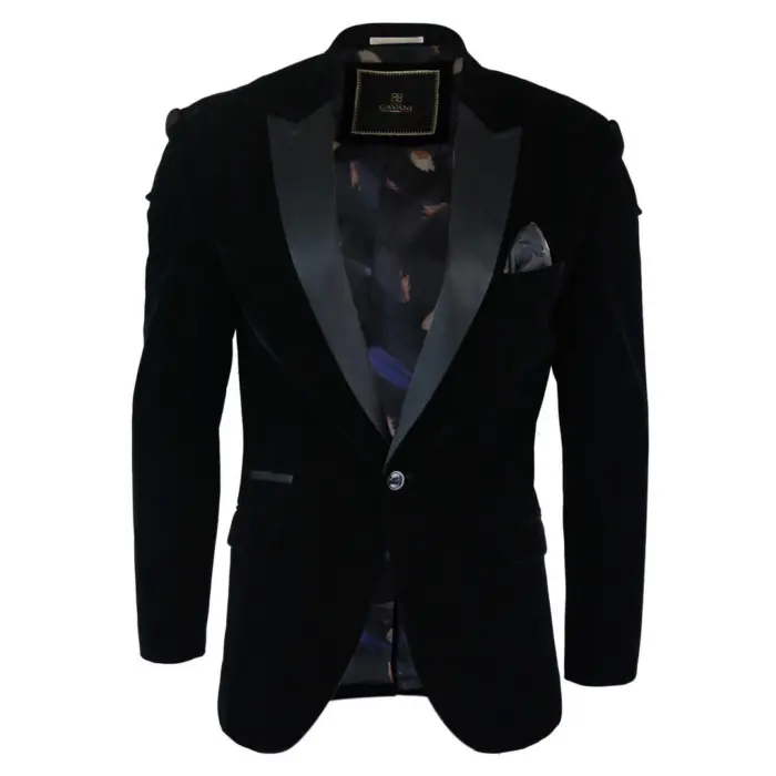 Mens Soft Velvet Black Navy 1 Button Dinner Jacket Tuxedo Blazer Smart Casual Fit - Image 1
