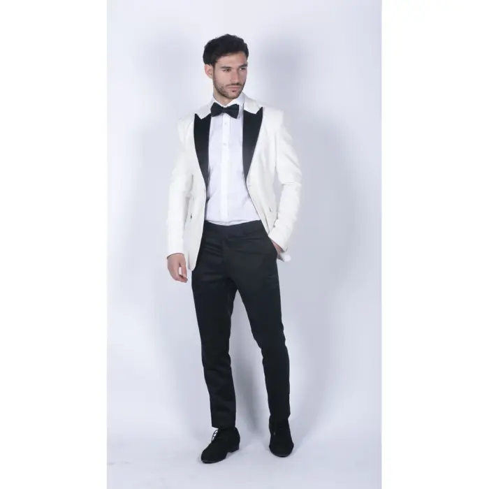 Mens Soft Velvet Ivory Cream 1 Button Dinner Jacket Tuxedo Blazer Smart Casual Fit - Image 2