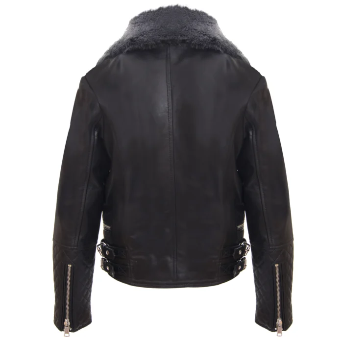 Girls Kids Real leather Biker Style Jacket Cross Zip Black Fur Collar Age 1 - 13 - Image 5
