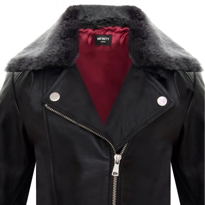 Girls Kids Real leather Biker Style Jacket Cross Zip Black Fur Collar Age 1 - 13 - Image 3