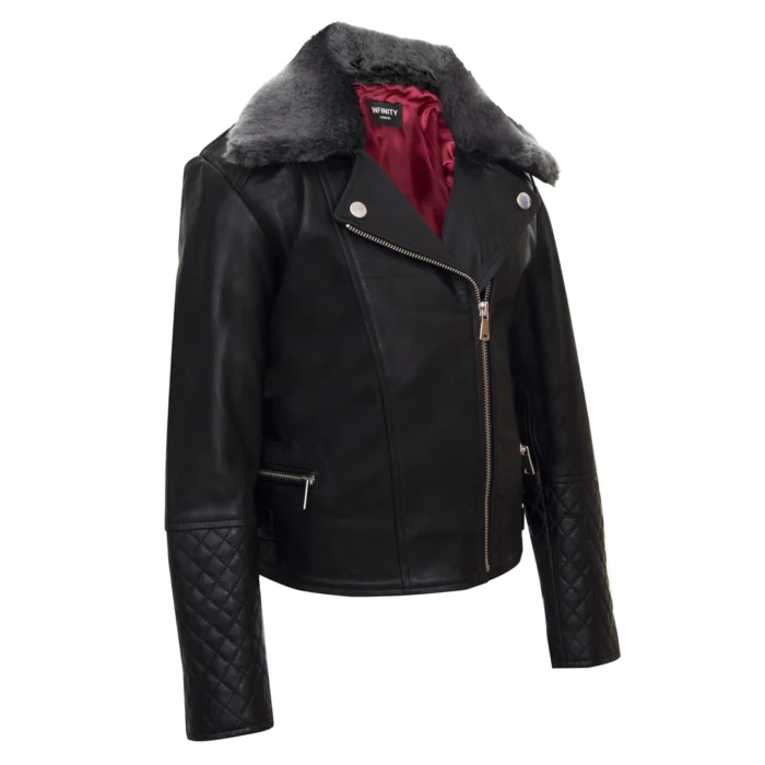 Girls Kids Real leather Biker Style Jacket Cross Zip Black Fur Collar Age 1 - 13 - Image 4