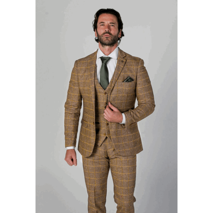 Men's Brown Suit Tweed Herringbone 3 Piece Wool Blend Formal Dress Suits - Image 1