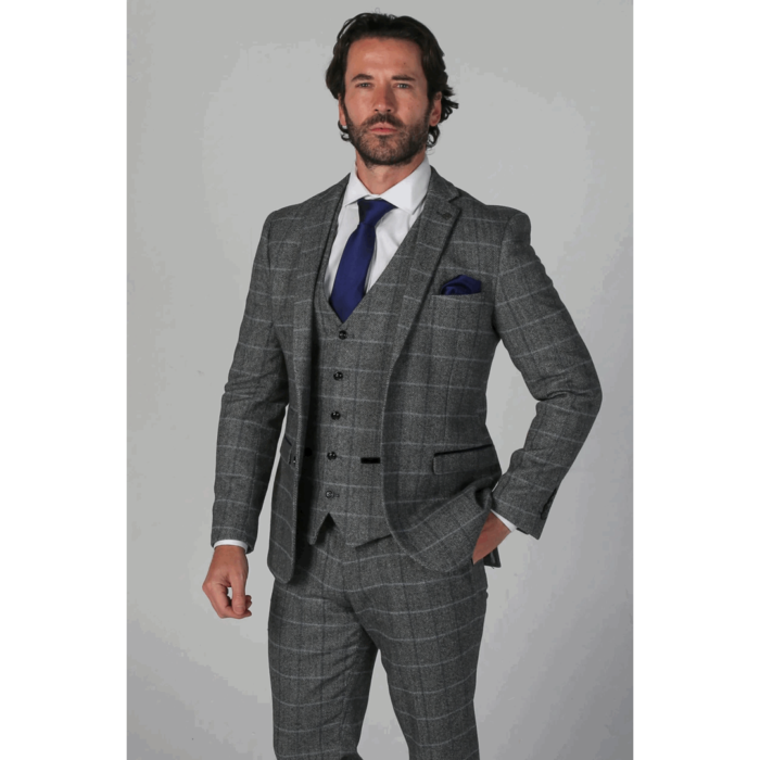 Men's Grey Suit Tweed Herringbone 3 Piece Wool Blend Formal Dress Suits - Image 1