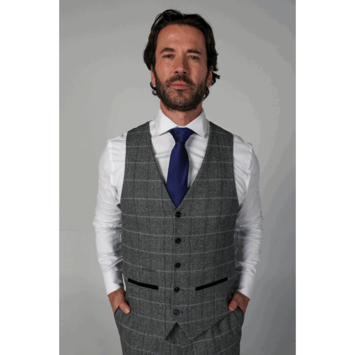 Men's Grey Suit Tweed Herringbone 3 Piece Wool Blend Formal Dress Suits - Image 3