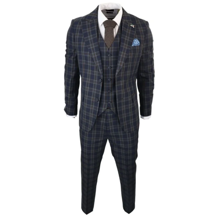 Men's Navy Blue 3 Piece Check Suit Formal Business Dress Suits - Image 3