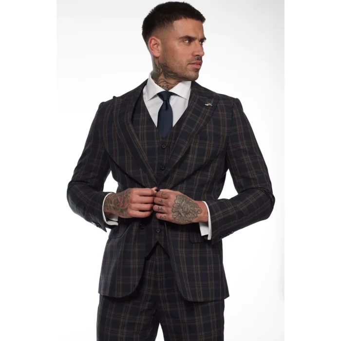 Men's Navy Blue 3 Piece Check Suit Formal Business Dress Suits - Image 2