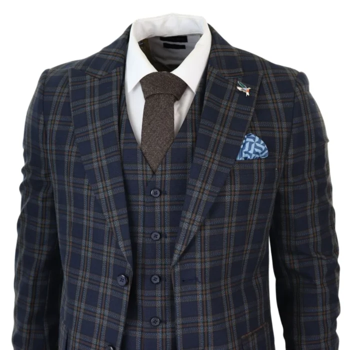 Men's Navy Blue 3 Piece Check Suit Formal Business Dress Suits - Image 4