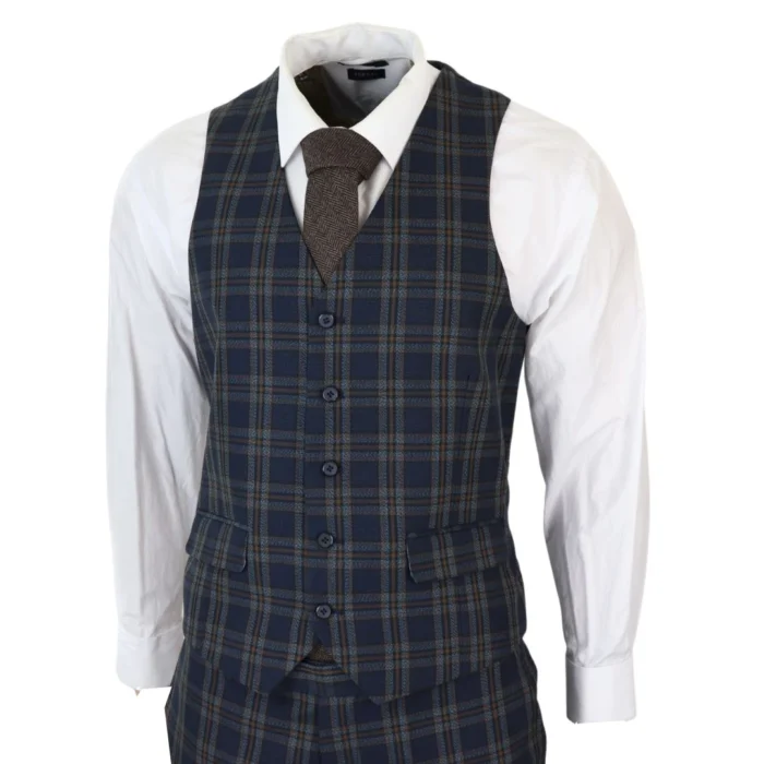 Men's Navy Blue 3 Piece Check Suit Formal Business Dress Suits - Image 6