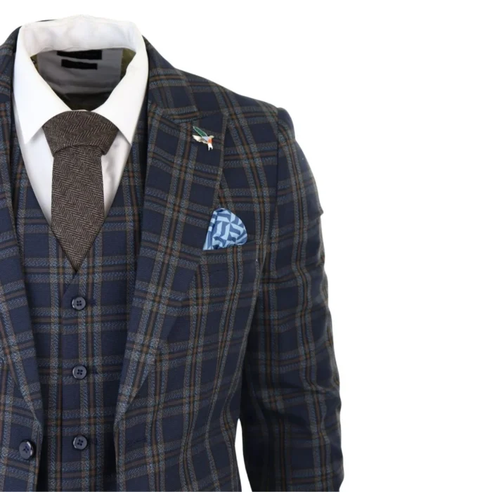 Men's Navy Blue 3 Piece Check Suit Formal Business Dress Suits - Image 5
