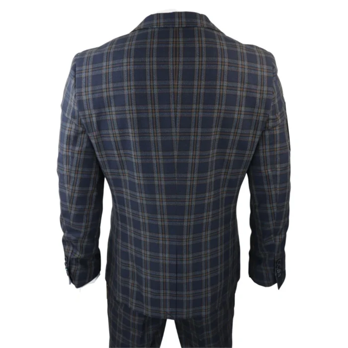 Men's Navy Blue 3 Piece Check Suit Formal Business Dress Suits - Image 7