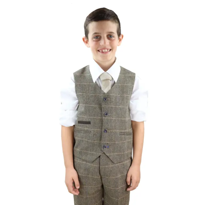 Boys 3 Piece Suit Brown Tweed Check Blinders Vintage Kids Classic 1920s - Image 3