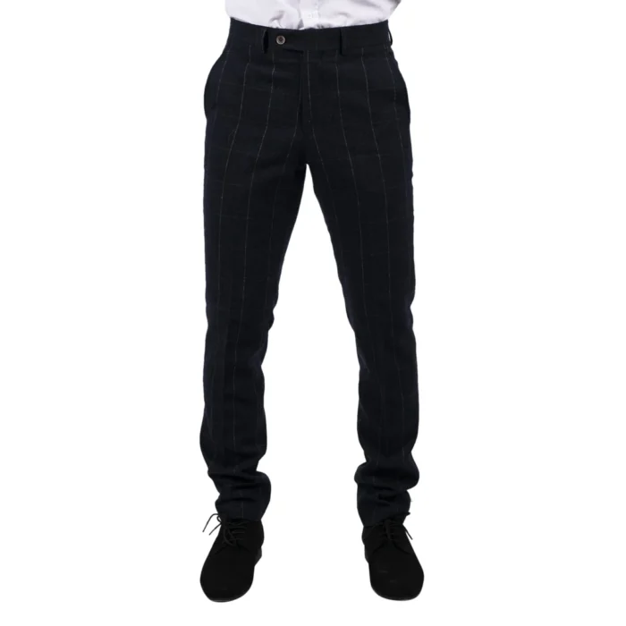 Mens Navy Check Trousers Wool Tweed Classic 1920s Vintage Tailored Fit Wedding - Image 1