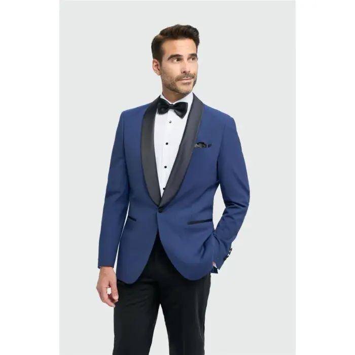 Men's Blazer Blue Formal Shawl Collar Tuxedo Jacket - Image 1