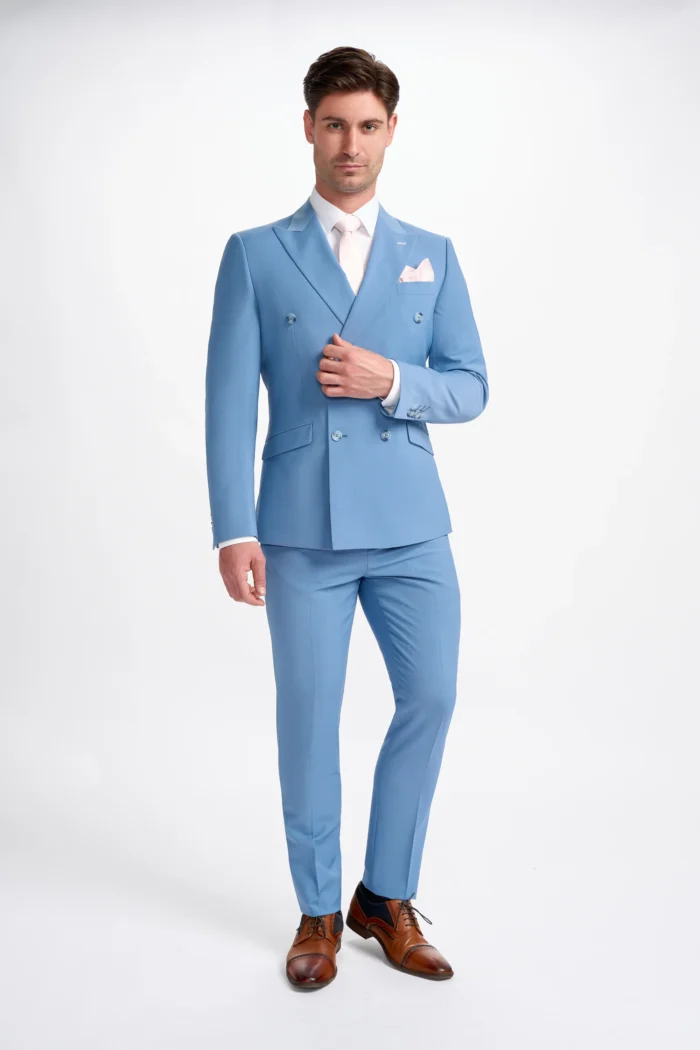 Men's Suit Sky Blue 2 Piece Double Breasted Tailored Fit Formal Wedding Dress - Image 2