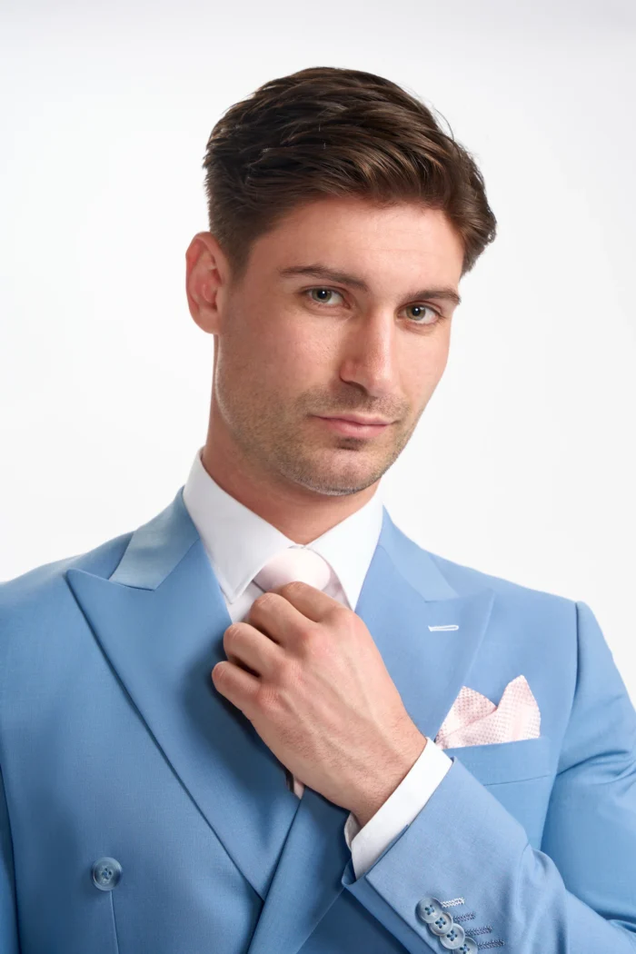 Men's Suit Sky Blue 2 Piece Double Breasted Tailored Fit Formal Wedding Dress - Image 3