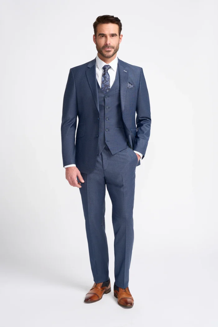 Men's Suit Navy Check 3 Piece Tailored Fit Formal Wedding Dress - Image 2