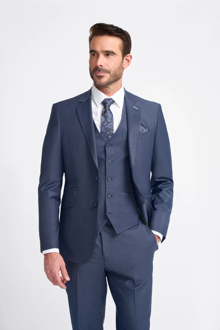 Men's Suit Navy Check 3 Piece Tailored Fit Formal Wedding Dress - Image 1