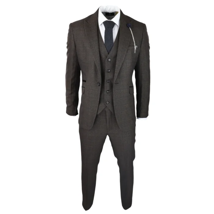 Mens 3 Piece Check Suit Tweed Black Brown Tailored Fit Wedding Peaky Classic - Image 2