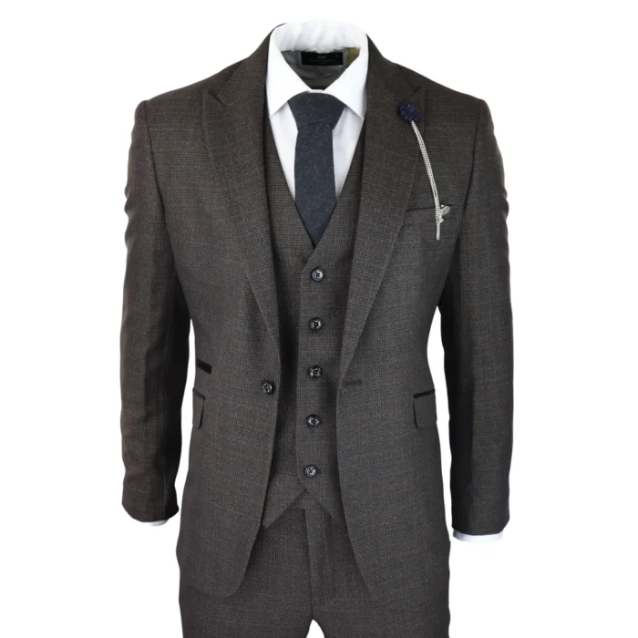 Mens 3 Piece Check Suit Tweed Black Brown Tailored Fit Wedding Peaky Classic - Image 1