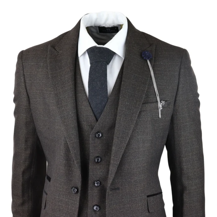 Mens 3 Piece Check Suit Tweed Black Brown Tailored Fit Wedding Peaky Classic - Image 3