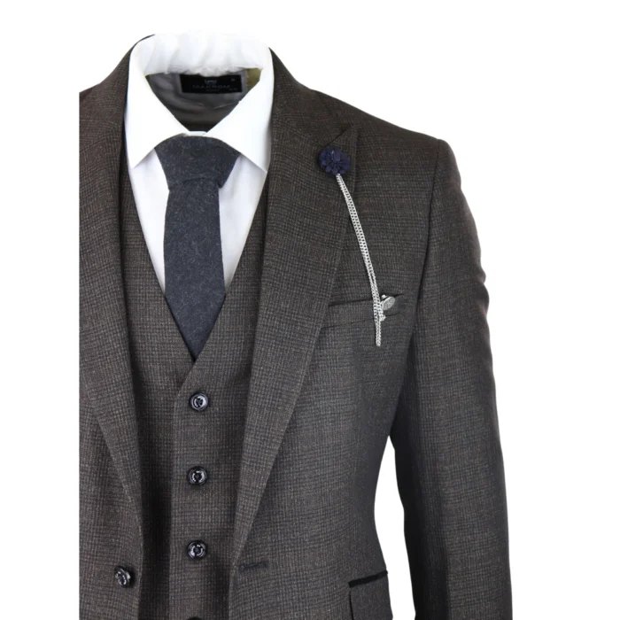 Mens 3 Piece Check Suit Tweed Black Brown Tailored Fit Wedding Peaky Classic - Image 4
