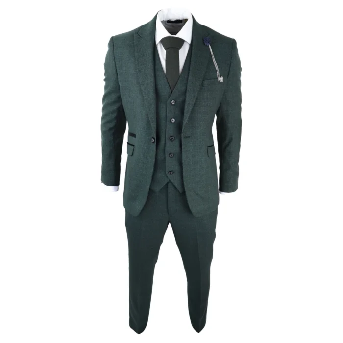 Mens 3 Piece Check Suit Tweed Olive Green Tailored Fit Wedding Peaky Classic - Image 2