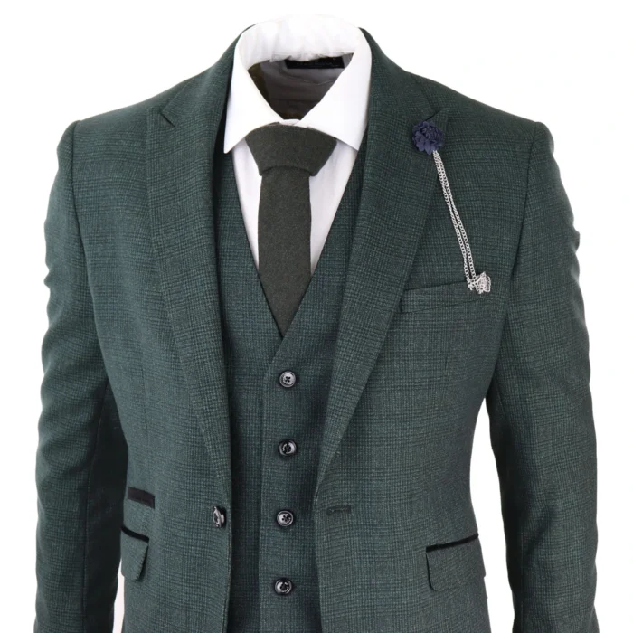 Mens 3 Piece Check Suit Tweed Olive Green Tailored Fit Wedding Peaky Classic - Image 3