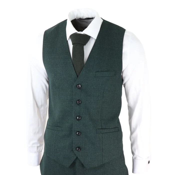 Mens 3 Piece Check Suit Tweed Olive Green Tailored Fit Wedding Peaky Classic - Image 5
