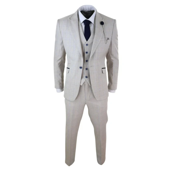 Mens 3 Piece Suit Tweed Cream Black Tailored Fit Wedding Classic - Image 2