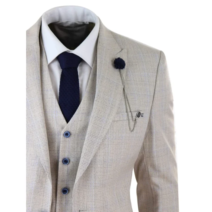 Mens 3 Piece Suit Tweed Cream Black Tailored Fit Wedding Classic - Image 3