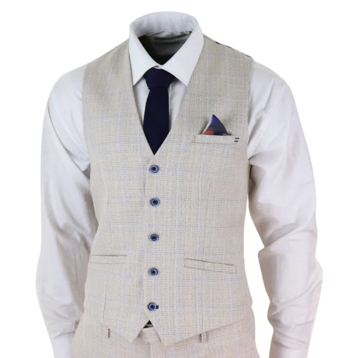Mens 3 Piece Suit Tweed Cream Black Tailored Fit Wedding Classic - Image 5