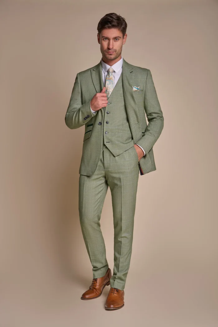 Men's Suit Sage Green 3 Piece Checked Tailored Fit Formal Dress - Image 2