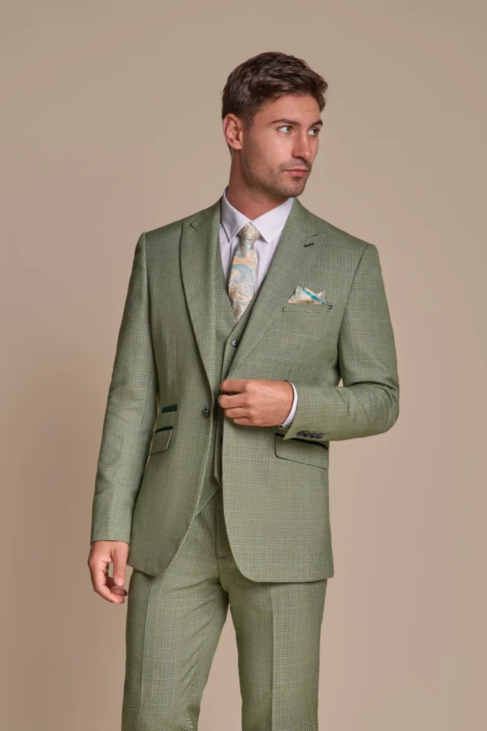 Men's Suit Sage Green 3 Piece Checked Tailored Fit Formal Dress - Image 1