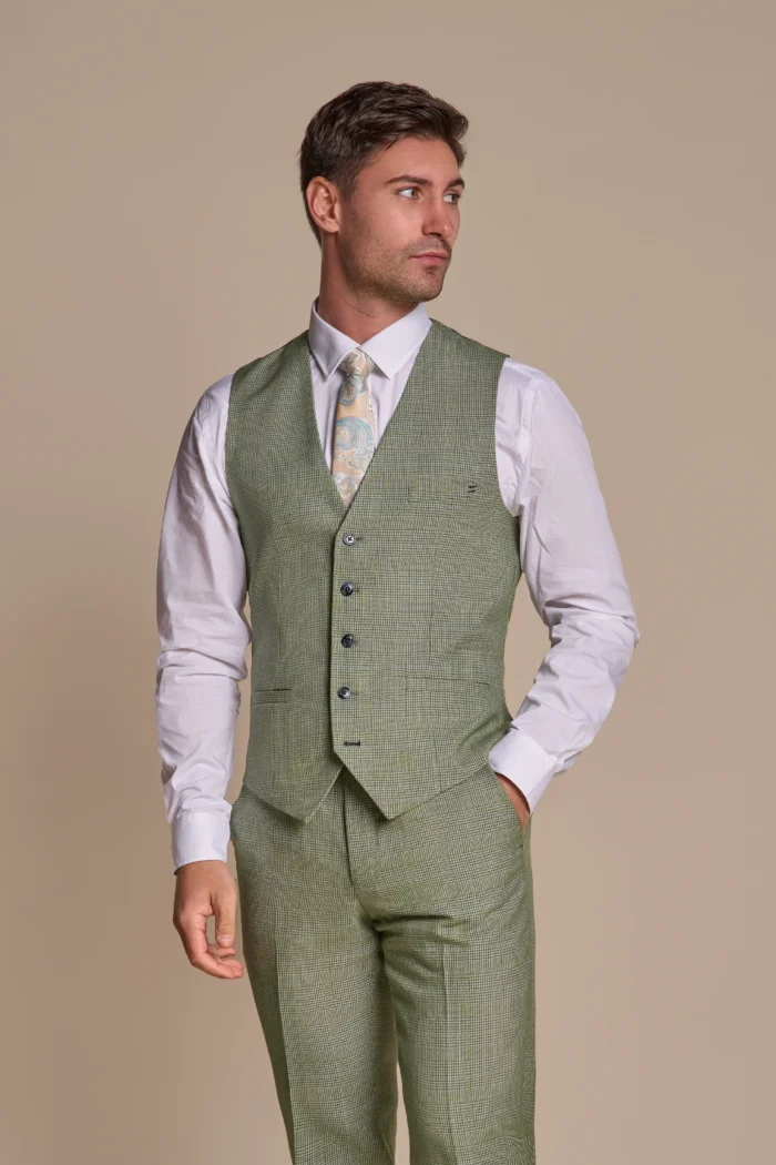 Men's Suit Sage Green 3 Piece Checked Tailored Fit Formal Dress - Image 3