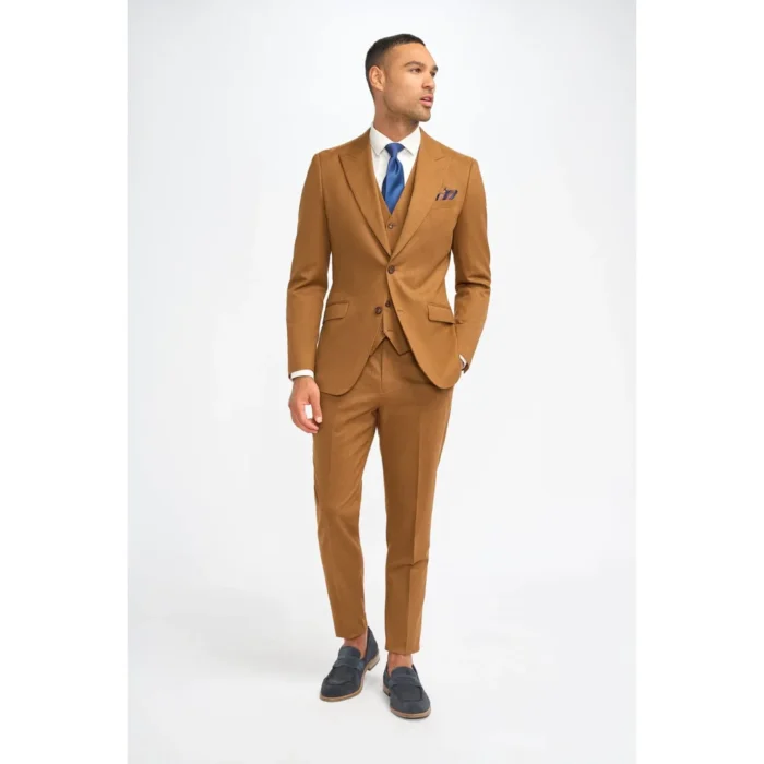 Men's Suit Camel Brown 3 Piece Wool Tailored Fit Formal Dress - Image 2