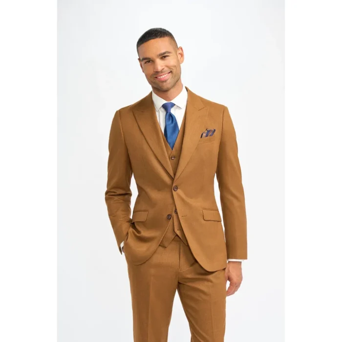 Men's Suit Camel Brown 3 Piece Wool Tailored Fit Formal Dress - Image 1