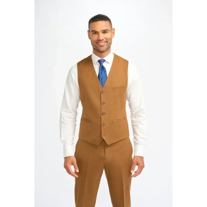 Men's Suit Camel Brown 3 Piece Wool Tailored Fit Formal Dress - Image 3