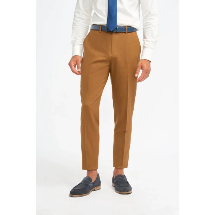 Men's Suit Camel Brown 3 Piece Wool Tailored Fit Formal Dress - Image 5