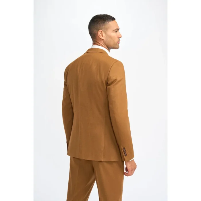 Men's Suit Camel Brown 3 Piece Wool Tailored Fit Formal Dress - Image 7
