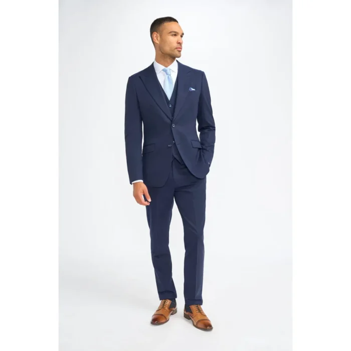 Men's Suit Navy Blue 3 Piece Wool Tailored Fit Formal Dress - Image 2