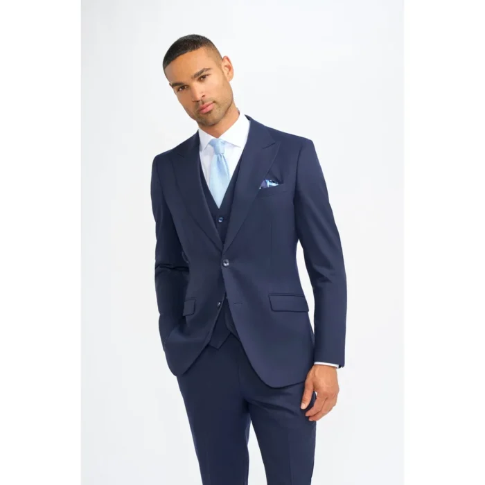 Men's Suit Navy Blue 3 Piece Wool Tailored Fit Formal Dress - Image 1