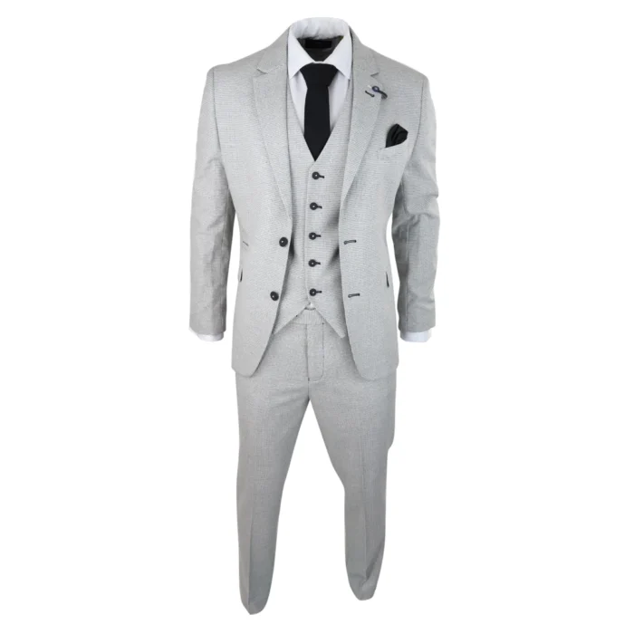 Mens 3 Piece Light Grey Black Check Suit Tailored Fit Retro Vintage Classic Smart - Image 2