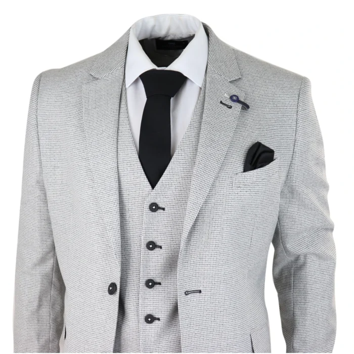 Mens 3 Piece Light Grey Black Check Suit Tailored Fit Retro Vintage Classic Smart - Image 3
