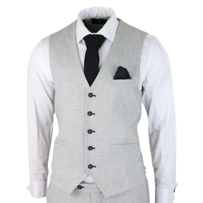 Mens 3 Piece Light Grey Black Check Suit Tailored Fit Retro Vintage Classic Smart - Image 5