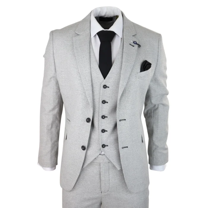 Mens 3 Piece Light Grey Black Check Suit Tailored Fit Retro Vintage Classic Smart - Image 1