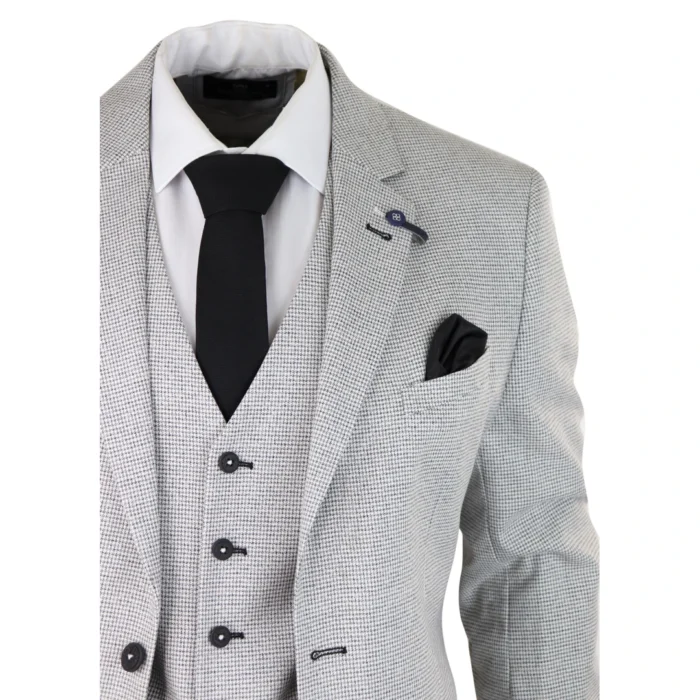 Mens 3 Piece Light Grey Black Check Suit Tailored Fit Retro Vintage Classic Smart - Image 4