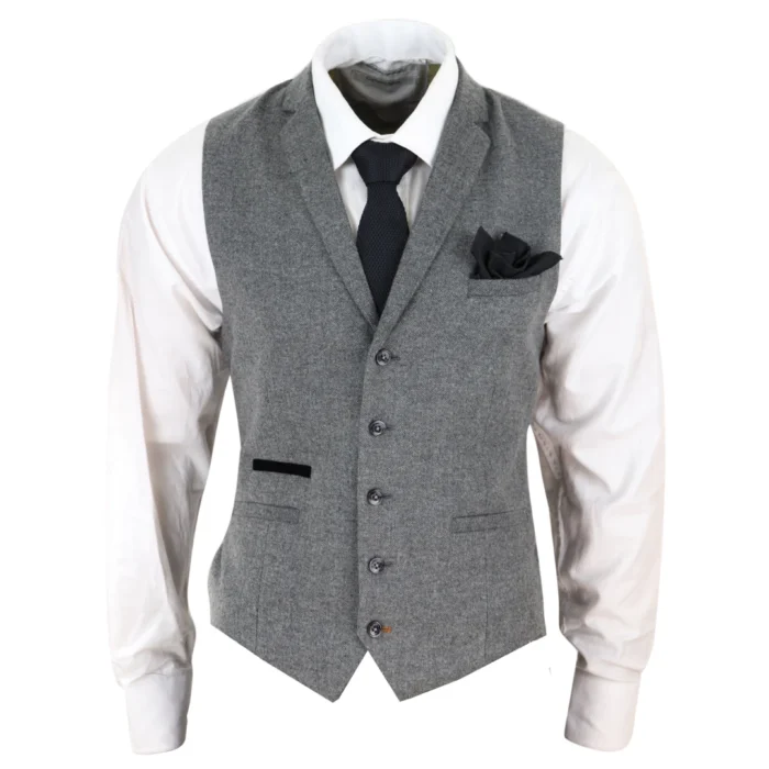 Mens Waistcoat Wool Herringbone Tweed Dark Grey Formal Classic 1920s Tailored - Image 1