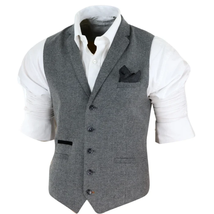 Mens Waistcoat Wool Herringbone Tweed Dark Grey Formal Classic 1920s Tailored - Image 2